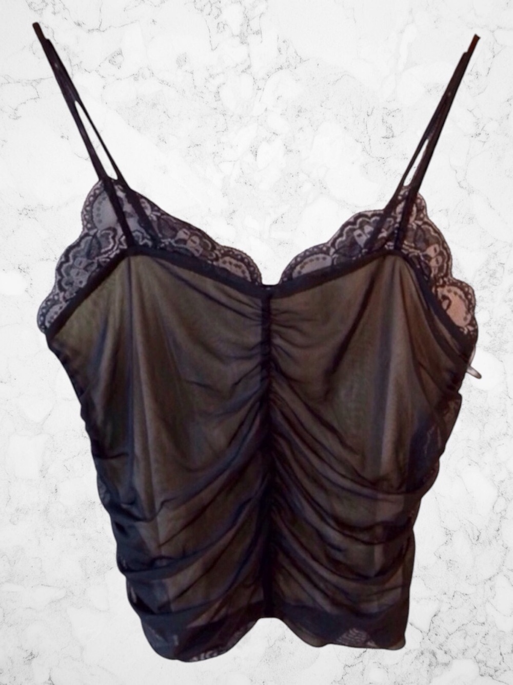 West of Melrose Black Sheer Mesh Ruched Lace Trim Cami Top NWT Juniors XL